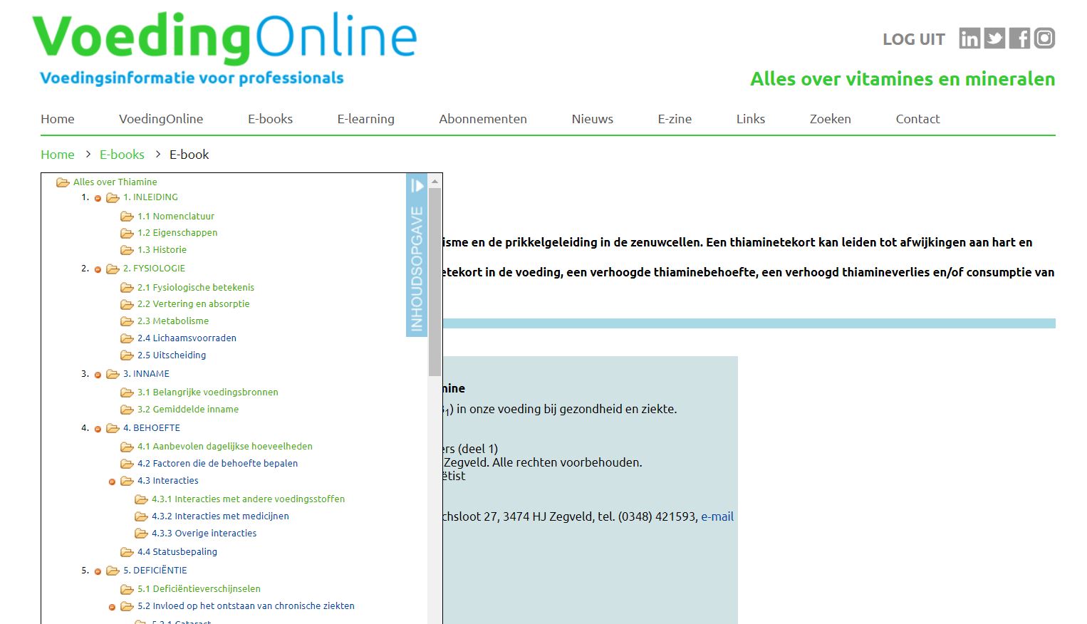 Inhoudsopgave van een e-book VoedingOnline